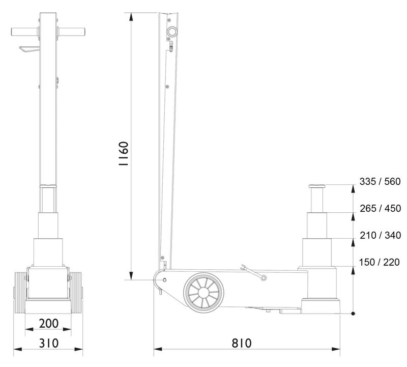 AC Hydraulic domkraft lufthydraulisk 50-3 50/25/10 ton 150-335 mm