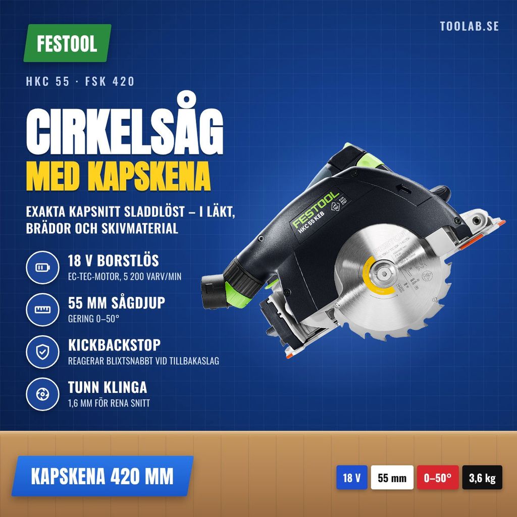 Festool HKC 55 – batteridriven cirkelsåg med kapskena