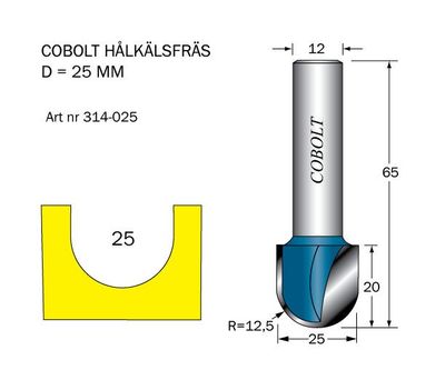 Cobolt Hålkälsfräs D=25 L=20 TL=65 R=12,5