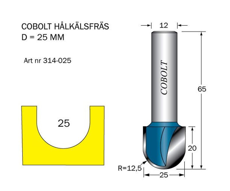 Cobolt Hålkälsfräs D=25 L=20 TL=65 R=12,5