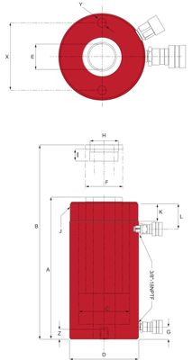 BVA hålcylinder dubbelverkande 60/40 ton slag 257 mm