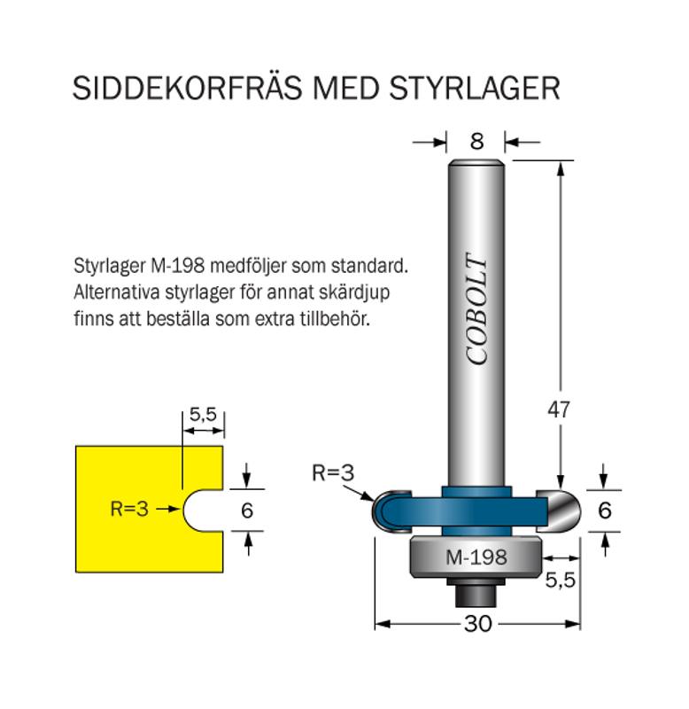Cobolt Siddekorfräs R=3 F=5.5 L=6 D=30 S=8