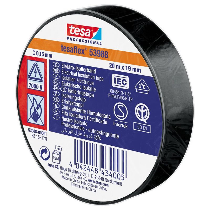 Tesa 53988 Isoleringstejp Svart IEC 19mm (20m per rulle)
