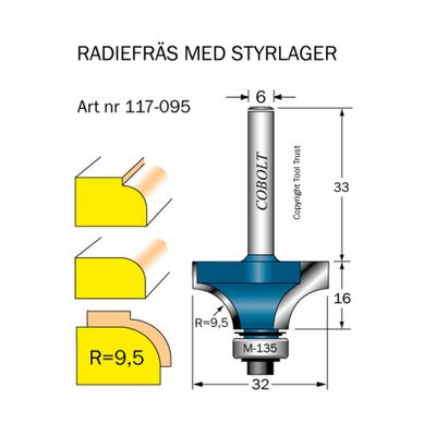 Cobolt Avrundningsfräs R9,5 D32 L16 S6