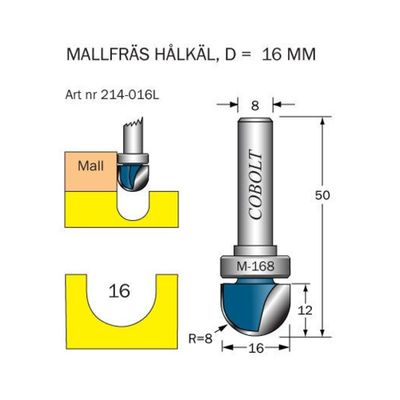 Cobolt Mallfräs hålkäl D16 R8 L12