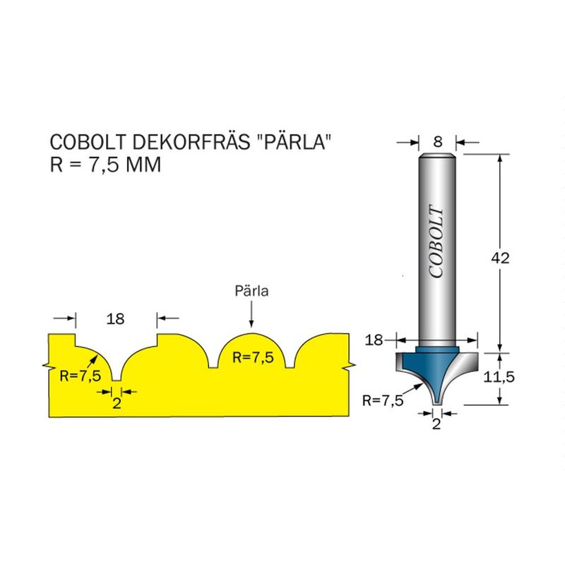 Cobolt Dekorfräs Pärla D18 R7,5 S8