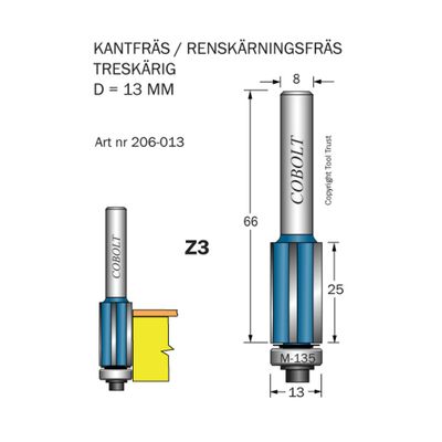 Cobolt Kantfräs treskärig D13 L25 S8
