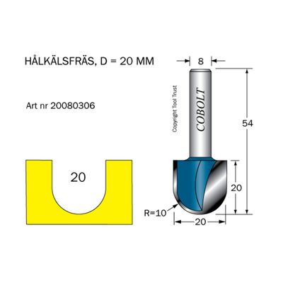 Cobolt Hålkälsfräs D20 R10 L20 S8