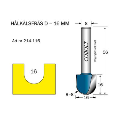Cobolt Hålkälsfräs D16 R8 L16 S8