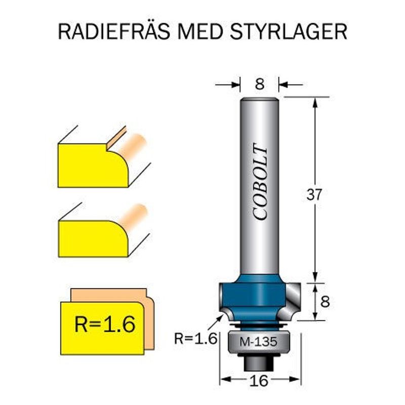 Cobolt Avrundningsfräs R1,6 D16,2 S8