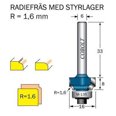 Cobolt Avrundningsfräs R1,6 D16,2 S6