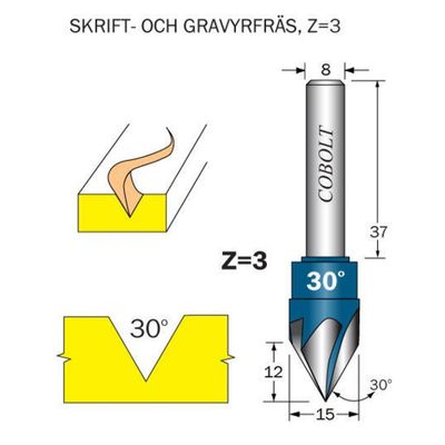 Cobolt Skriftfräs 30° D15 S8 massiv HM