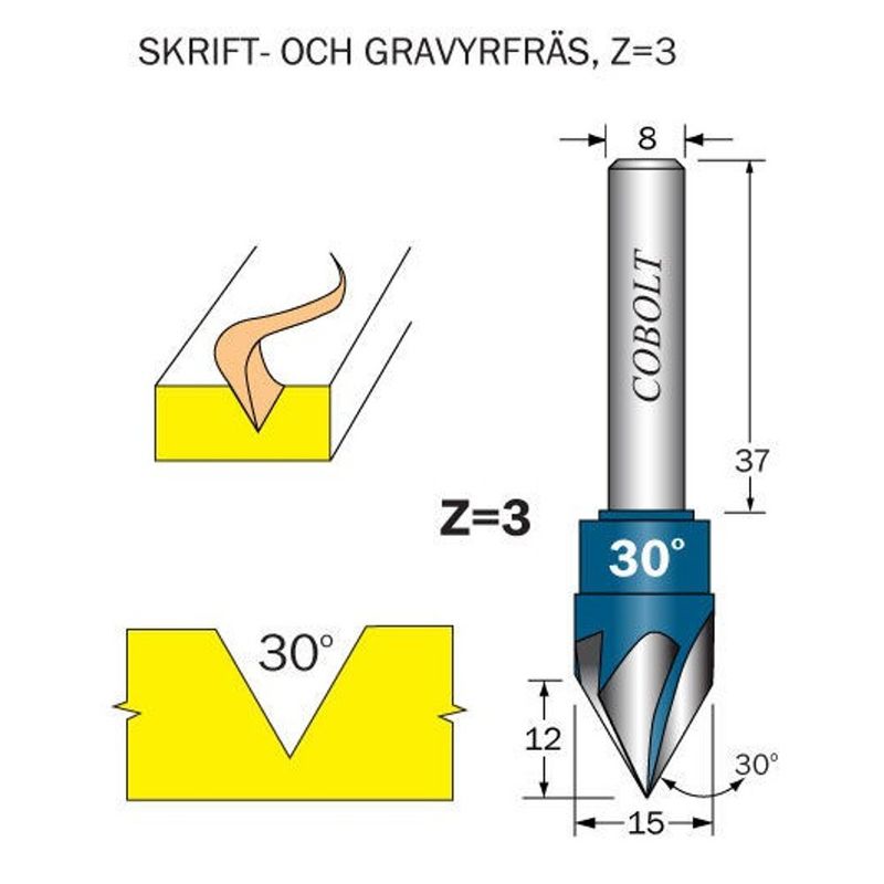 Cobolt Skriftfräs 30° D15 S8 massiv HM