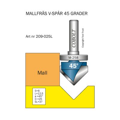 Cobolt Mallfräs V-spår 45° D25 L12,5 S8