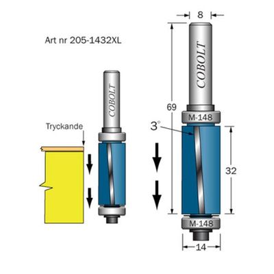 Cobolt Kantfräs D14 L32 S8 nedåtskärande med 2 styrlager