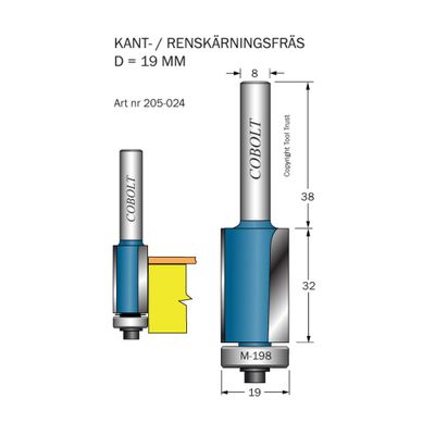 Cobolt Kantfräs D19 L32 S8 med styrlager