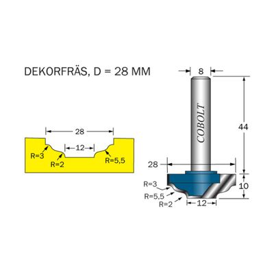 Cobolt Dekorfräs D28 R3/R5,5/R2 S8