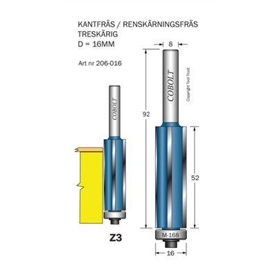 Cobolt Kantfräs treskärig D16 L52 S8