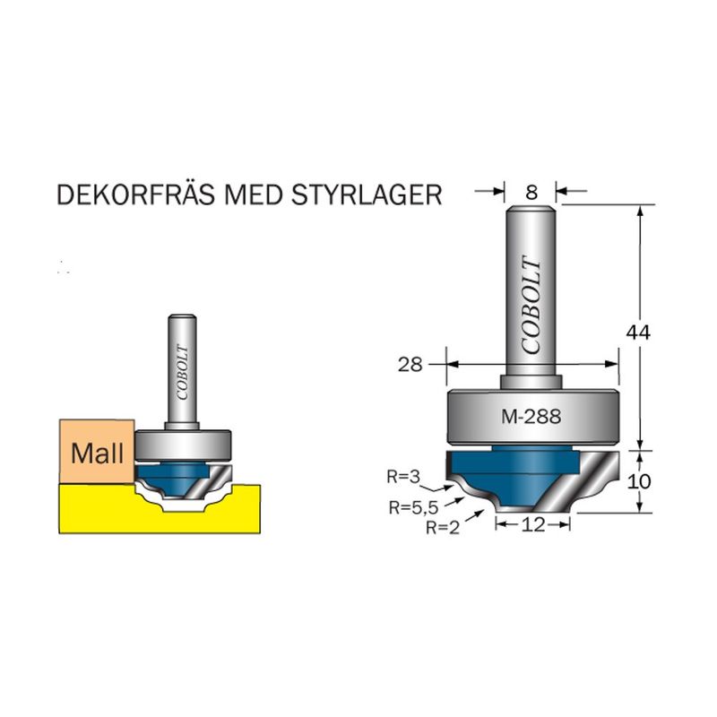 Cobolt Dekorfräs D28 R3/R5,5/R2 med lager S8
