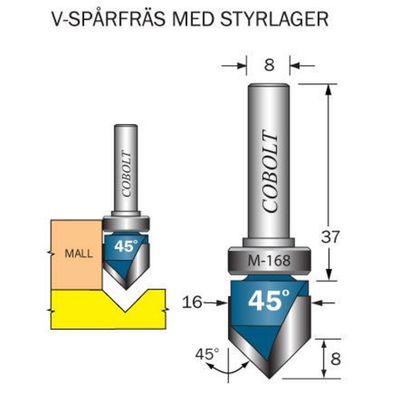 Cobolt Mallfräs V-spår 30° D16 S8
