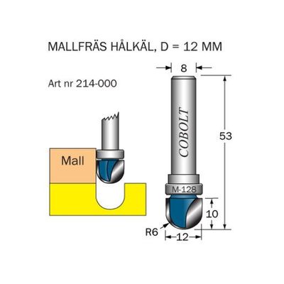 Cobolt Mallfräs hålkäl D12 R6 L10