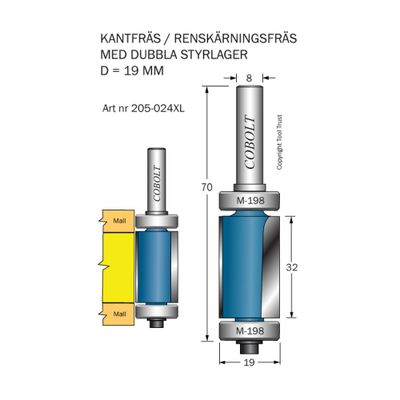Cobolt Kantfräs Z2 D19 L32 två styrlager