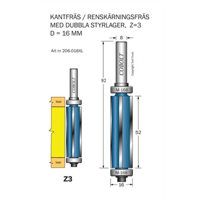 Cobolt Kantfräs Z3 D16 L52 två styrlager