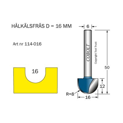 Cobolt Hålkälsfräs D16 R8 L12 S6