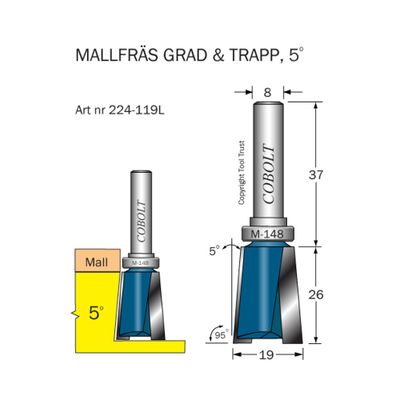 Cobolt Trappfräs 5° D19 L26 S8 med styrlager
