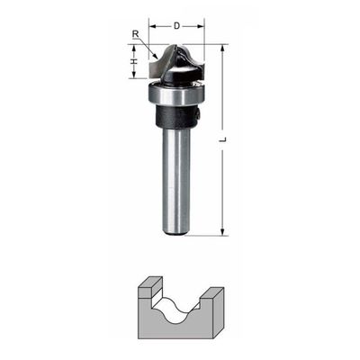 Delver Dekor-/mallfräs Ø16 mm – R=4 D=16 H=10 L=54,5, skaft 8 mm