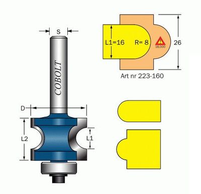 Cobolt Halvstavfräs R=8 L1=16 L2=26