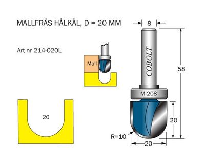 Cobolt Mallfräs hålkäl D=20 L=20 R=10 S=8
