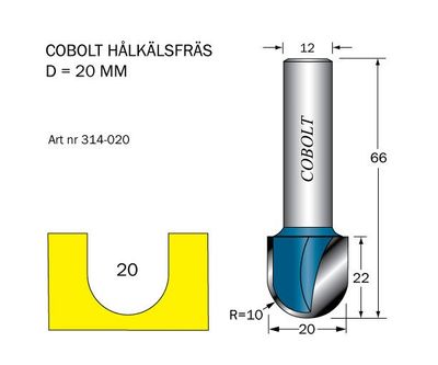 Cobolt Hålkälsfräs D=20 L=22 TL=64 S=12 R=10