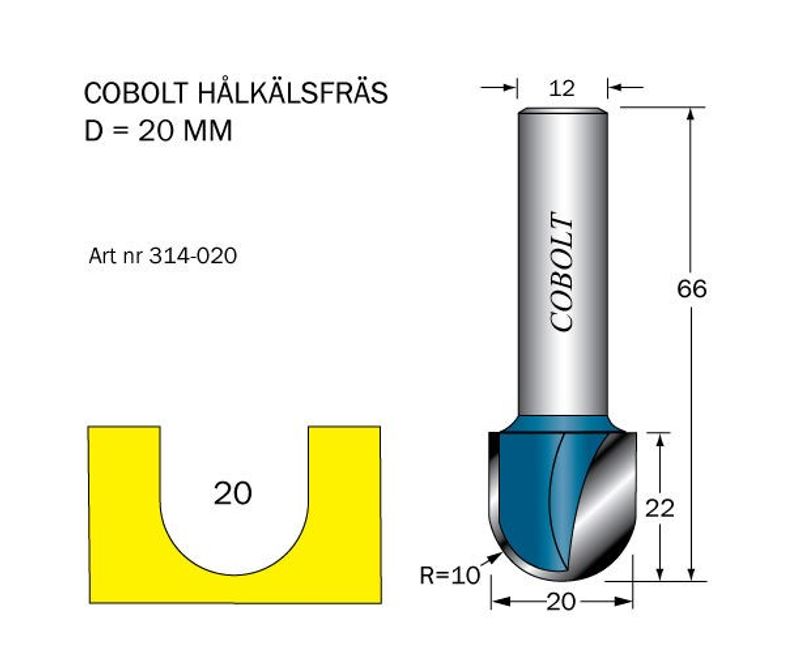 Cobolt Hålkälsfräs D=20 L=22 TL=64 S=12 R=10
