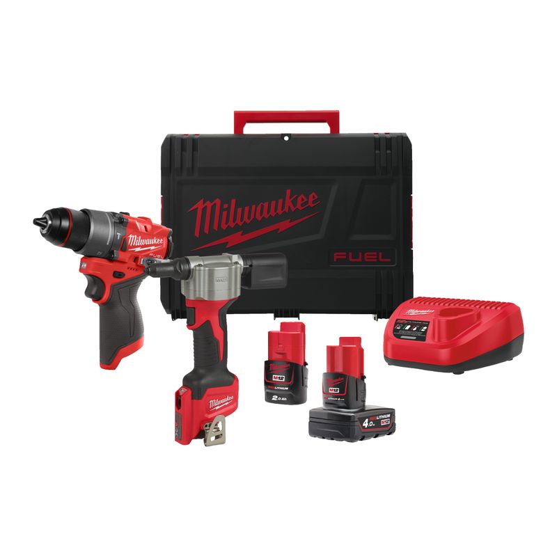 Milwaukee M12 FPP2D2-422X Powerpack Slagborrmaskin + Popnitverktyg 12V (4,0+2,0Ah)