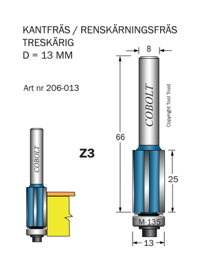 Cobolt Kantfräs 3-skärig D=13 L=25