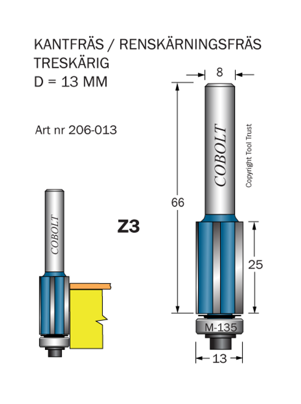 Cobolt Kantfräs 3-skärig D=13 L=25