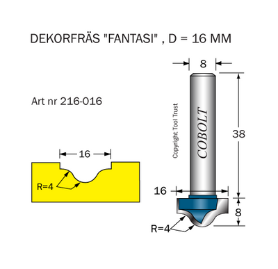 Cobolt Dekorfräs D=16 R=4 L=8