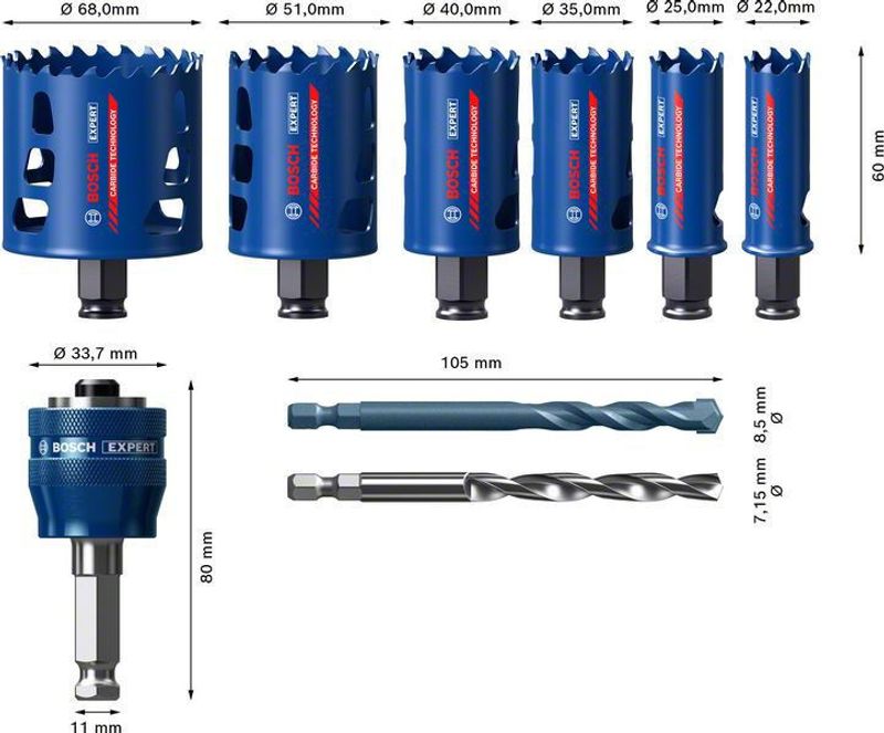 Bosch Expert Tough Material hålsågssats, 22/25/35/40/51/68 mm, 9 st.