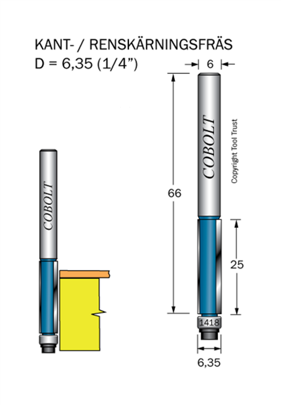 Cobolt Kantfräs D=6.35 L=25 TL=66 S=6