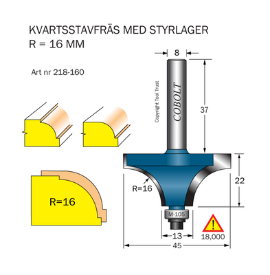 Cobolt Kvartsstavfräs R=16 D=45 S=8