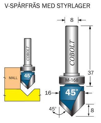 Cobolt Mallfräs V-spår D=16 L=8