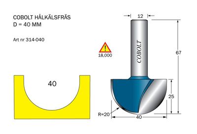 Cobolt Hålkälsfräs D=40 L=25 TL=68 R=20 S=12