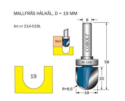 Cobolt Mallfräs hålkäl D=19 L=20 S=8 R=9,5
