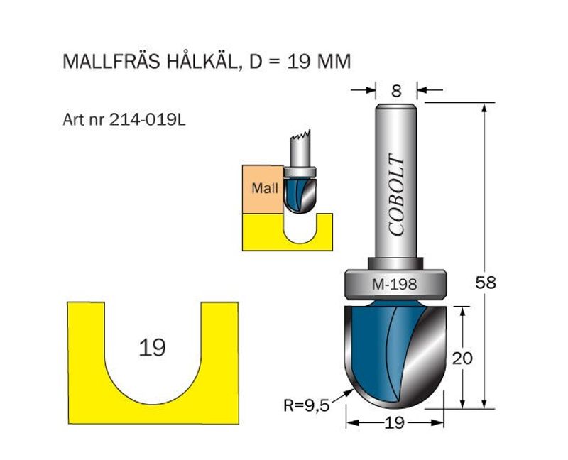 Cobolt Mallfräs hålkäl D=19 L=20 S=8 R=9,5