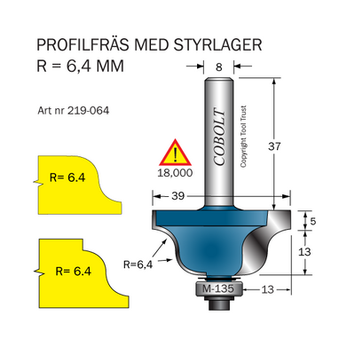 Cobolt Profilfräs dubbelradie R=6.4 L=18 F=13 D=39 S=8