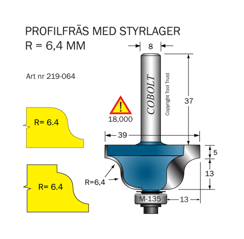 Cobolt Profilfräs dubbelradie R=6.4 L=18 F=13 D=39 S=8