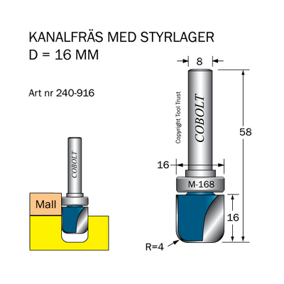 Cobolt Kanalfräs m.lager R=4 D=16 L=16 S=8