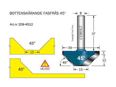 Cobolt Fasfräs 45° L=12 D1=39 D2=15 S=8