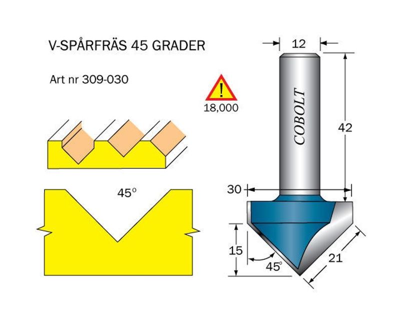 Cobolt V-spårfräs 45grad, D=30, L=15 S=12mm